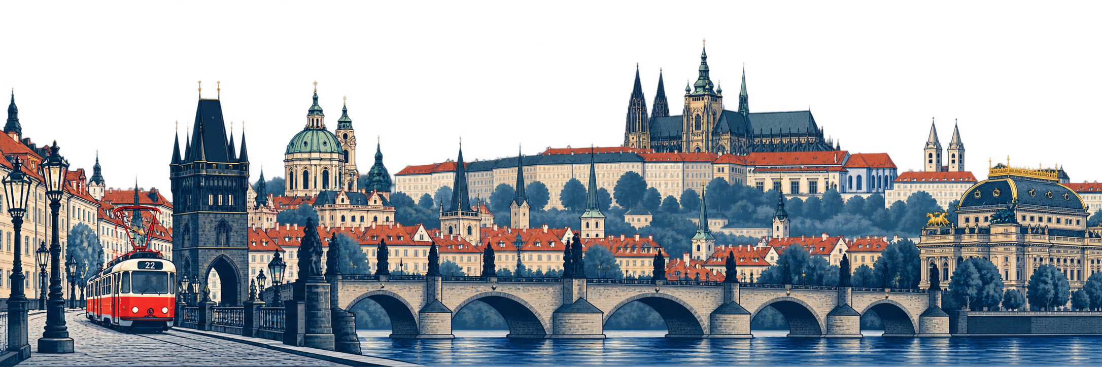 Prager Stadtsilhouette mit Karlsbrücke, Burg und einem Tatra-Wagen der Linie 22